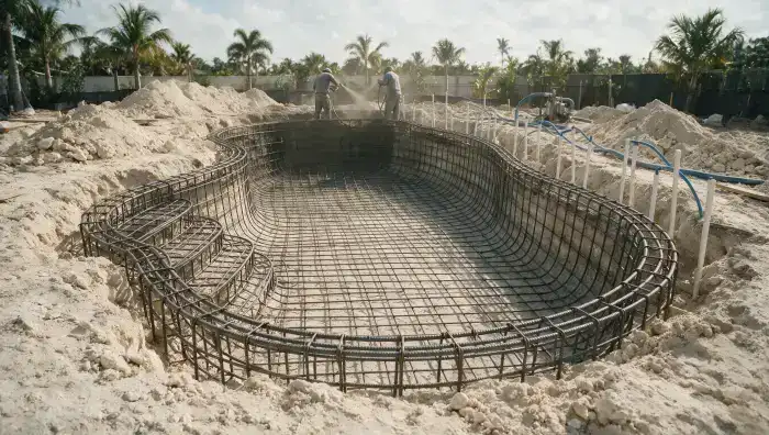 Steel rebar grid of a new pool shell under construction in a South Florida backyard