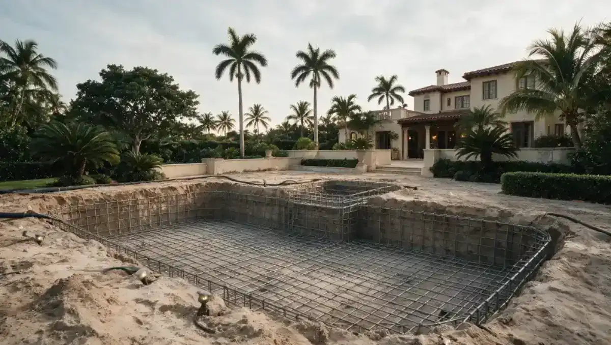 The same backyard mid-construction: excavated pool shell with rebar grid and bare soil