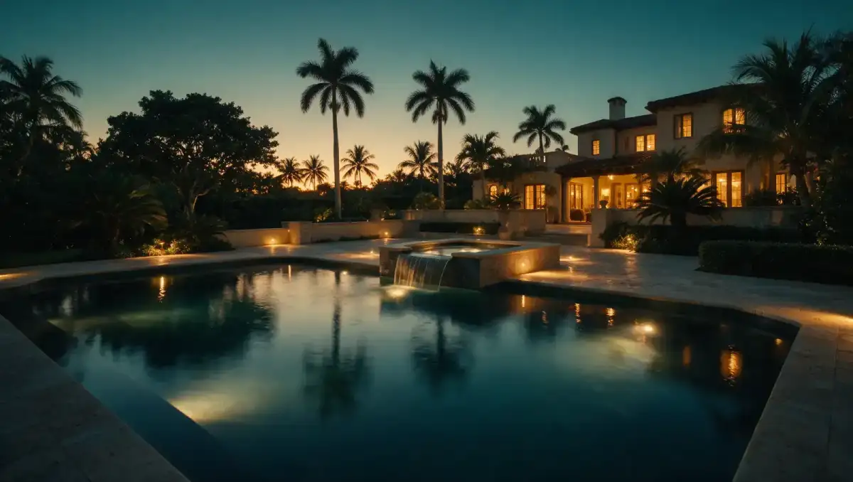 The same pool at dusk with underwater and landscape lighting on