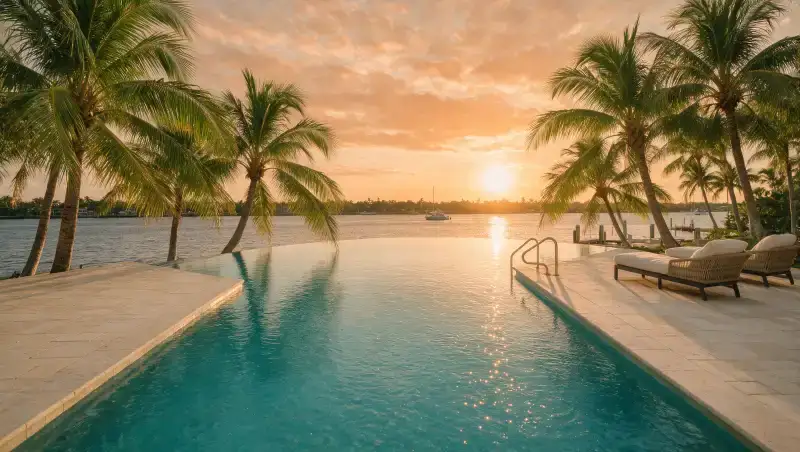 Infinity-edge pool overlooking the Intracoastal Waterway at golden hour