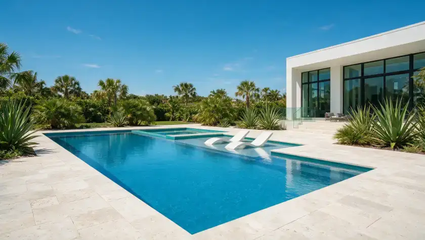 Modern rectilinear pool with sun shelf and travertine deck at a white contemporary West Palm Beach home