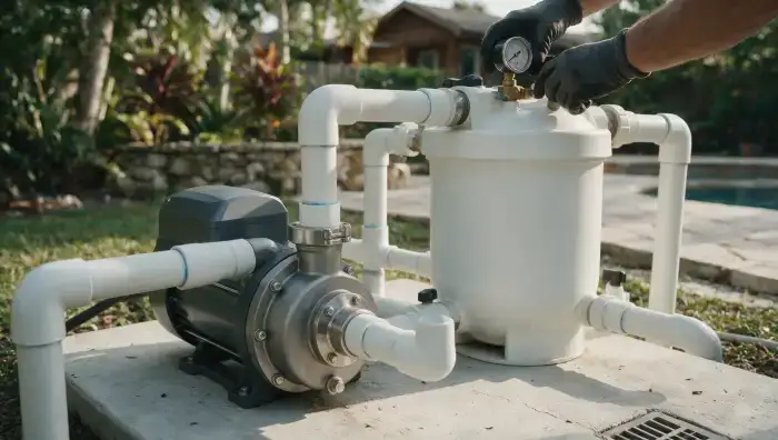 Variable-speed pool pump and filter on an equipment pad being checked by a technician