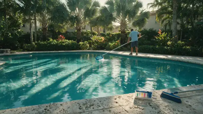 Technician skimming a turquoise pool in early morning light in West Palm Beach