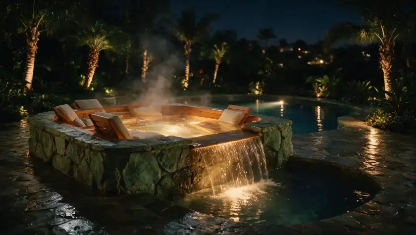 Raised spa spilling into a pool at night with warm underwater lighting and steam rising